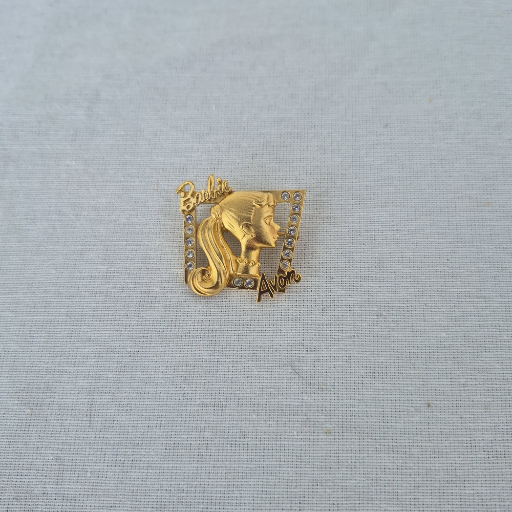Vintage Avon Barbie Pin Gold Color Lapel Collectible With Gems GOOD